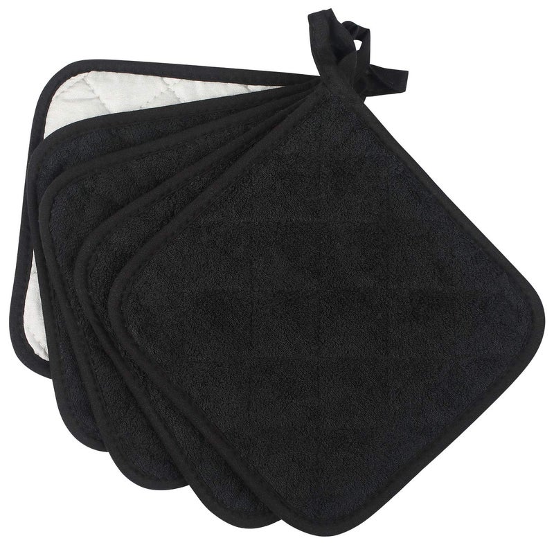 lifaith 100% Cotton Kitchen Everyday Basic Terry Pot Holder Heat Resistant Coaster Potholder for Cooking and Baking Set of 5 Black - Image 2